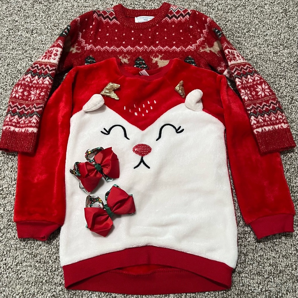 Girls Christmas Sweater Bundle Reindeer & Deer + Fox Plush Top Bows 6–7Y